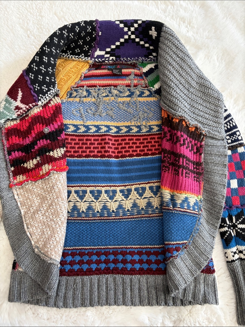 Desigual Multicolor Patchwork Zip-Up Sweater with Gray Trim,Size M. - Picture 16 of 17